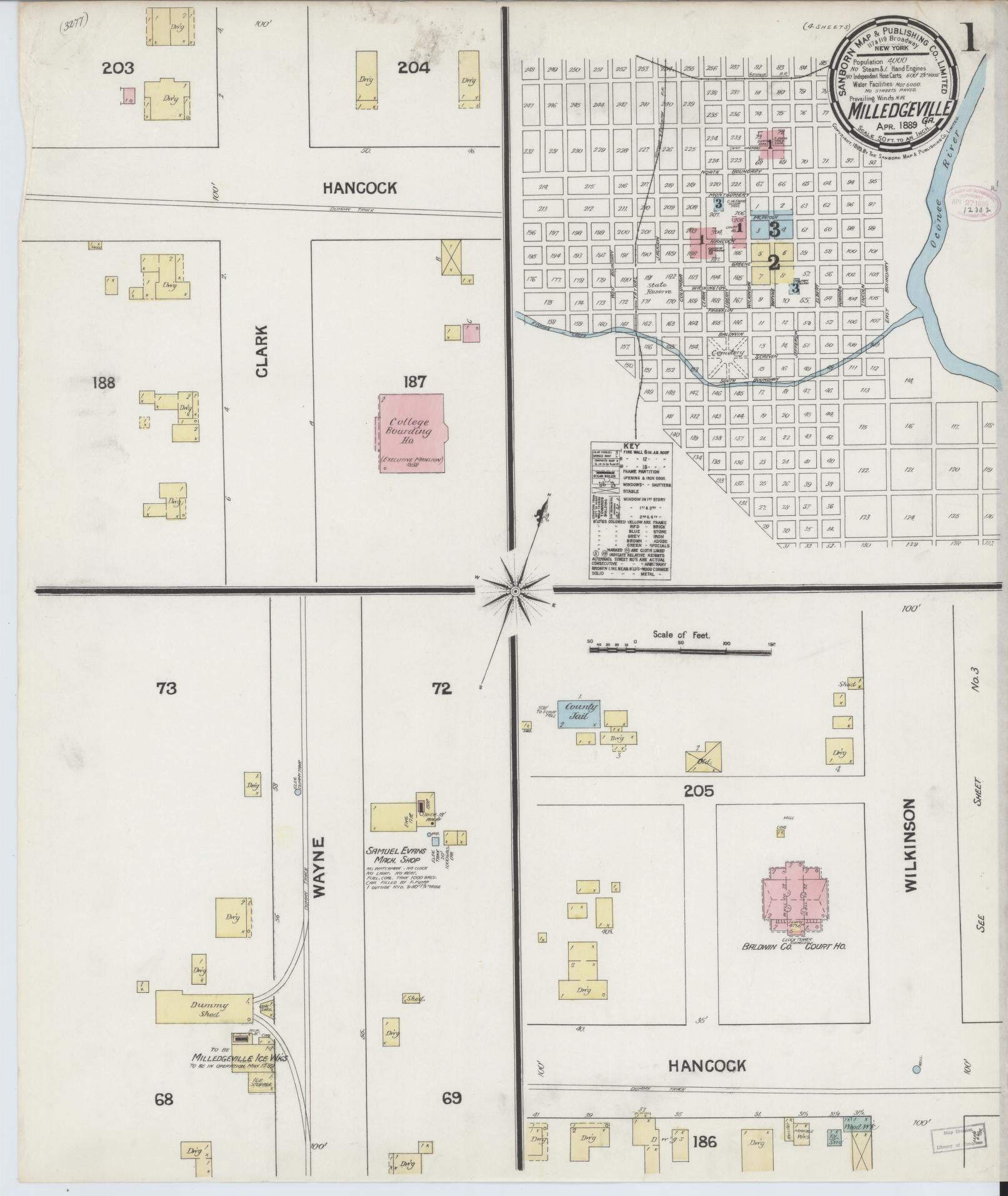 Sanborn Fire Insurance Map from Milledgeville, Baldwin County, Georgia (1889), Sheet #0001 - Historic Sanborn Fire Insurance Map Print, vintage old map wall art, antique decor, genealogy gift, Georgia Georgia map