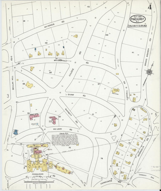Sanborn Fire Insurance Map from Pinehurst, Moore County, North Carolina (1920), Sheet #0004 - Historic Sanborn Fire Insurance Map Print, vintage old map wall art, antique decor, genealogy gift, North Carolina North Carolina map