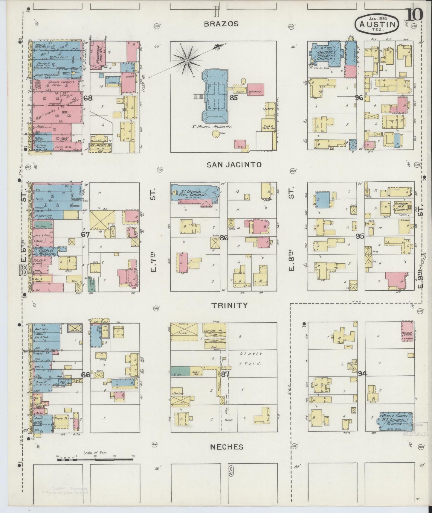 Sanborn Fire Insurance Map from Austin, Travis County, Texas (1894), Sheet #0010 - Historic Sanborn Fire Insurance Map Print, vintage old map wall art, antique decor, genealogy gift, Texas Texas map