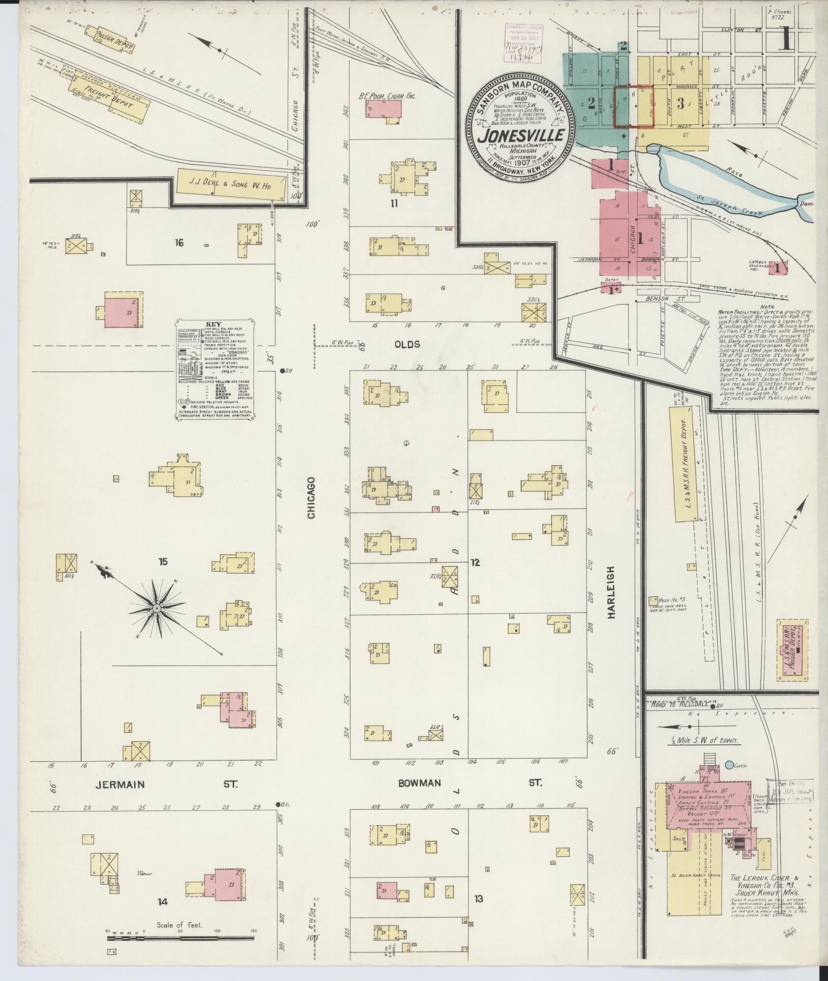 Sanborn Fire Insurance Map from Jonesville, Hillsdale County, Michigan (1907), Sheet #0001 - Complete Map Set gallery image, historic Sanborn map, vintage wall art, Michigan Michigan