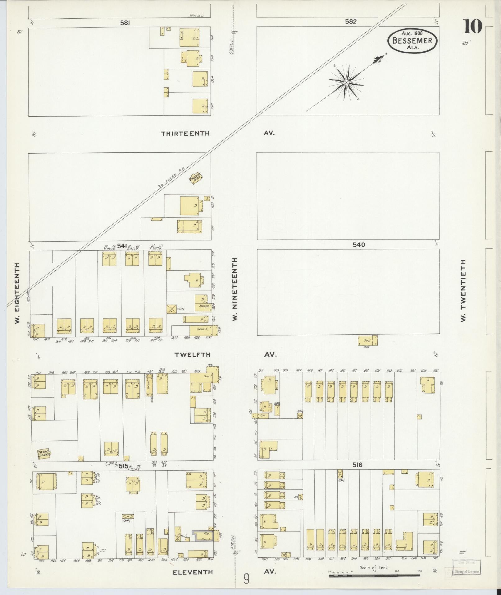 Sanborn Fire Insurance Map from Bessemer, Jefferson County, Alabama (1908), Sheet #0010 - Complete Map Set gallery image, historic Sanborn map, vintage wall art, Alabama Alabama