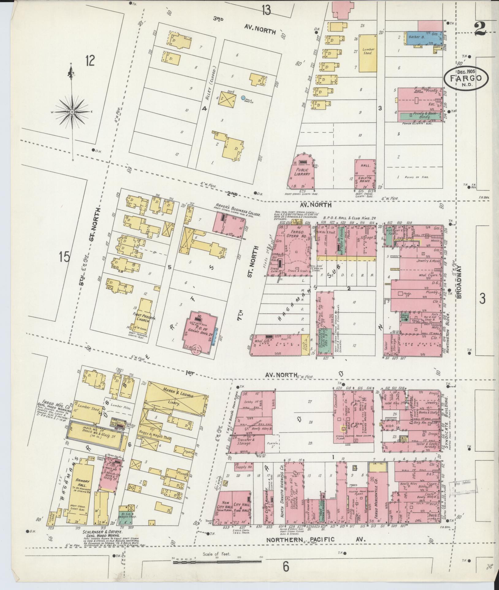 Sanborn Fire Insurance Map from Fargo, Cass County, North Dakota (1905), Sheet #0002 - Historic Sanborn Fire Insurance Map Print, vintage old map wall art, antique decor, genealogy gift, North Dakota North Dakota map