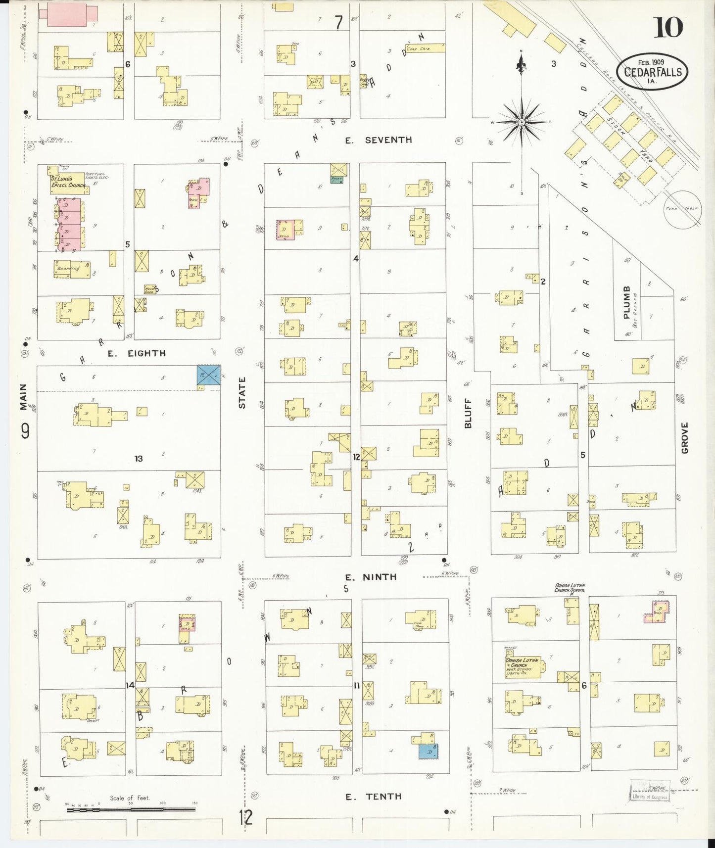 Sanborn Fire Insurance Map from Cedar Falls, Black Hawk County, Iowa (1909), Sheet #0010 - Historic Sanborn Fire Insurance Map Print, vintage old map wall art