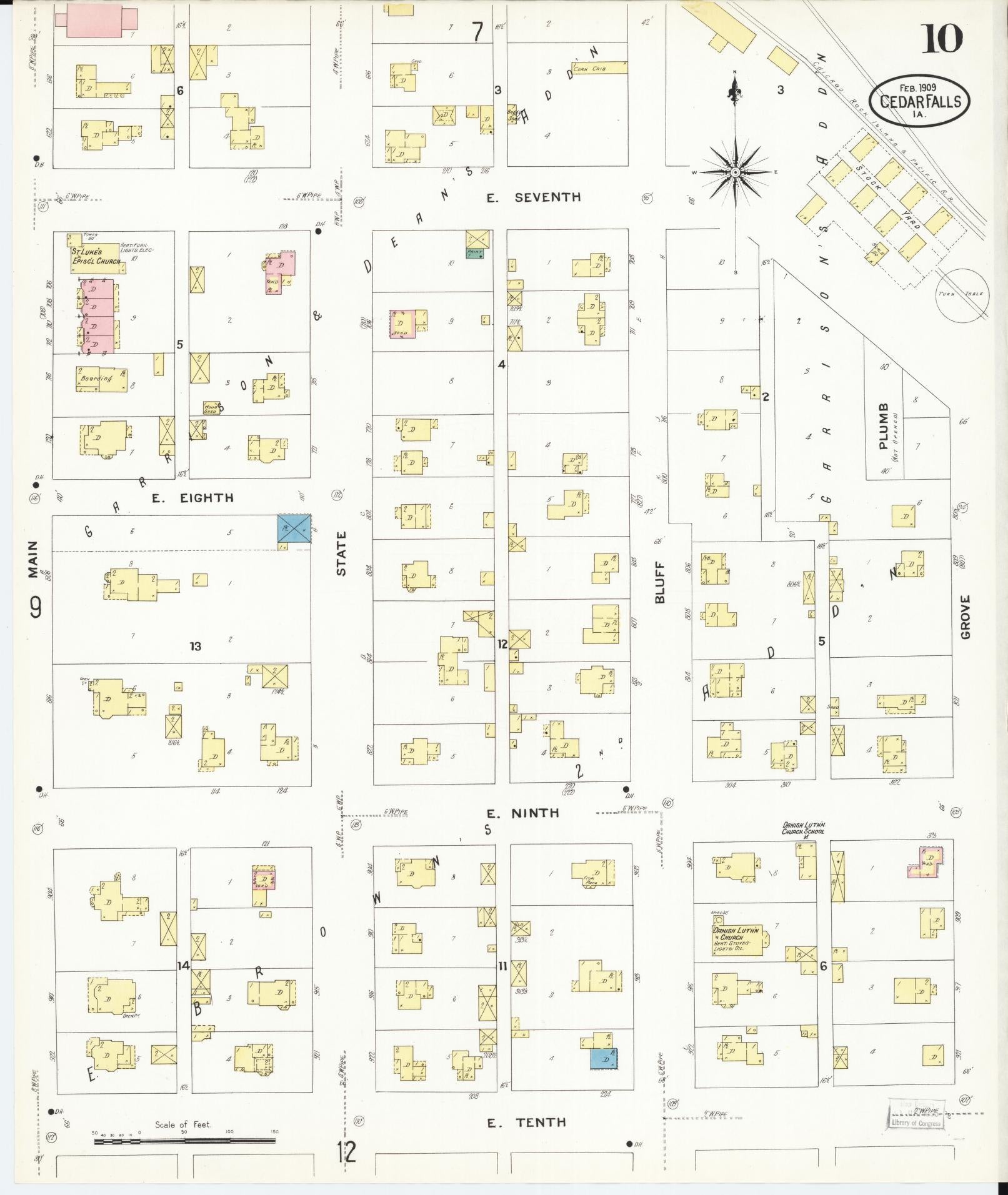 Sanborn Fire Insurance Map from Cedar Falls, Black Hawk County, Iowa (1909), Sheet #0010 - Historic Sanborn Fire Insurance Map Print, vintage old map wall art
