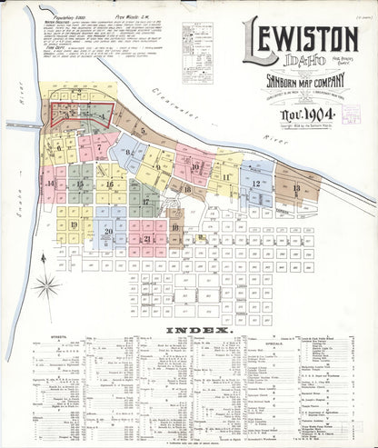 Sanborn Fire Insurance Map from Lewiston, Nez Perce County, Idaho (1904), Sheet #0001 - Complete Map Set gallery image, historic Sanborn map, vintage wall art, Idaho Idaho