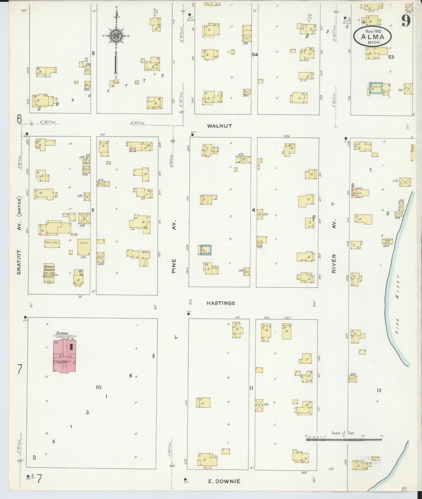 Sanborn Fire Insurance Map from Alma, Gratiot County, Michigan (1910), Sheet #0009 - Complete Map Set gallery image, historic Sanborn map, vintage wall art, Michigan Michigan