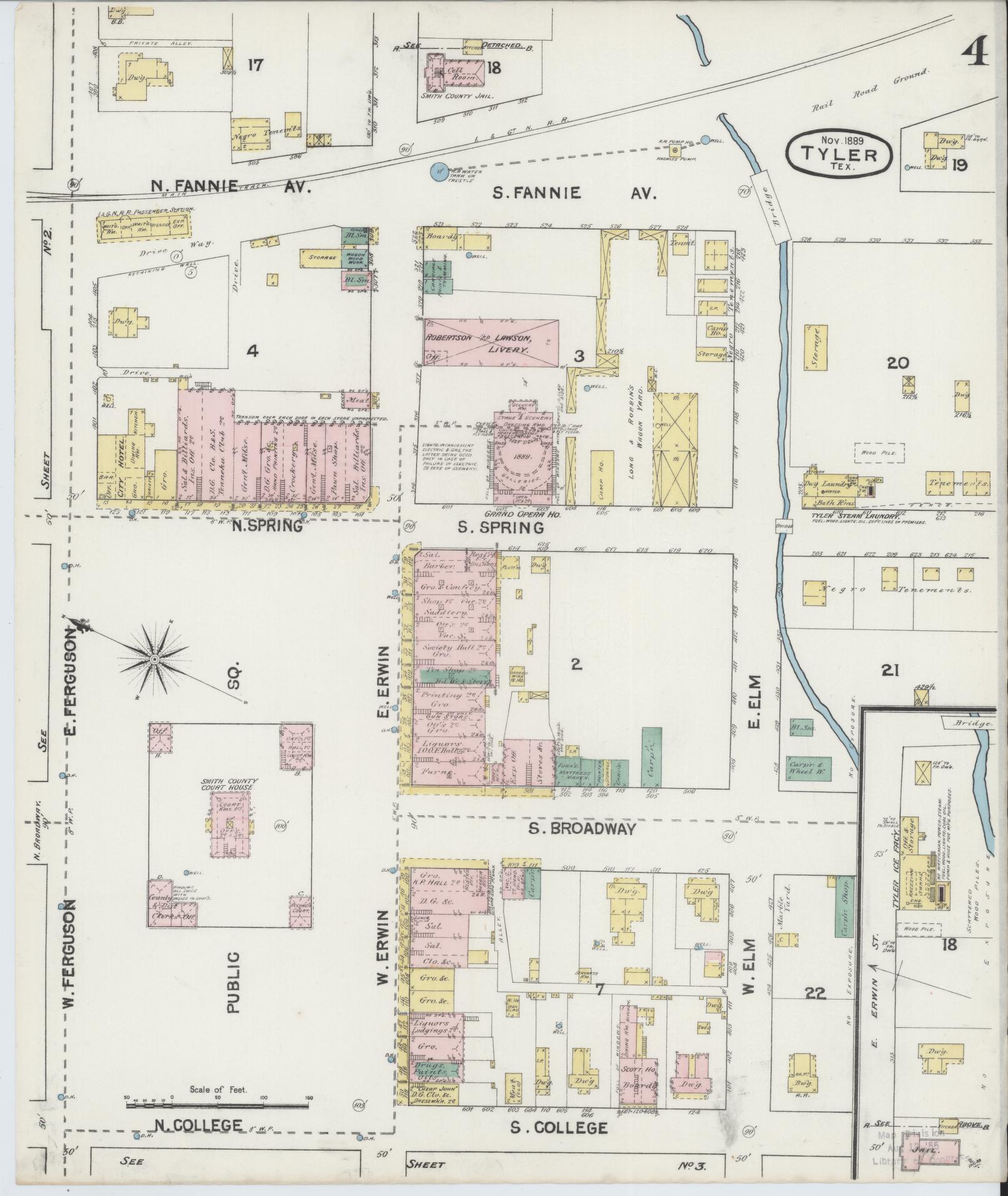 Sanborn Fire Insurance Map from Tyler, Smith County, Texas (1889), Sheet #0004 - Complete Map Set gallery image, historic Sanborn map, vintage wall art, Texas Texas