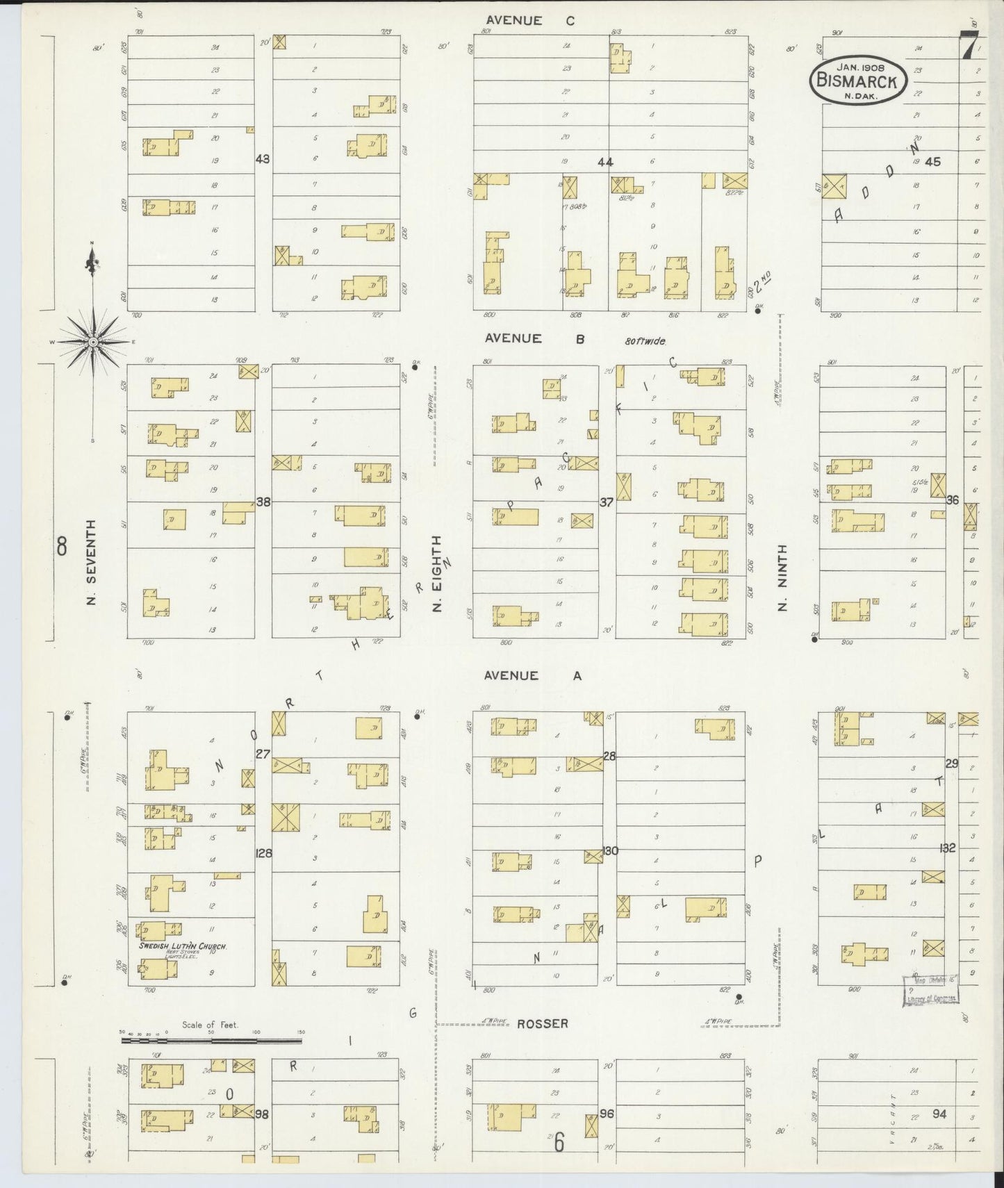 Sanborn Fire Insurance Map from Bismarck, Burleigh County, North Dakota (1906), Sheet #0007 - Historic Sanborn Fire Insurance Map Print, vintage old map wall art, antique decor, genealogy gift, North Dakota North Dakota map