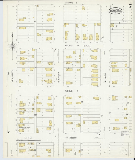 Sanborn Fire Insurance Map from Bismarck, Burleigh County, North Dakota (1906), Sheet #0007 - Historic Sanborn Fire Insurance Map Print, vintage old map wall art, antique decor, genealogy gift, North Dakota North Dakota map