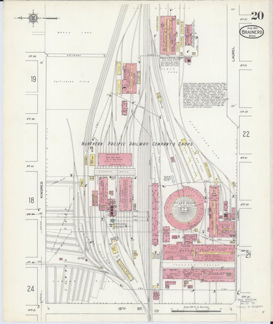 Sanborn Fire Insurance Map from Brainerd, Crow Wing County, Minnesota (1913), Sheet #0020 - Historic Sanborn Fire Insurance Map Print, vintage old map wall art, antique decor, genealogy gift, Minnesota Minnesota map