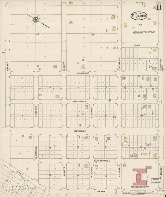 Sanborn Fire Insurance Map from El Campo, Wharton County, Texas (1922), Sheet #0011 - Historic Sanborn Fire Insurance Map Print, vintage old map wall art, antique decor, genealogy gift, Texas Texas map
