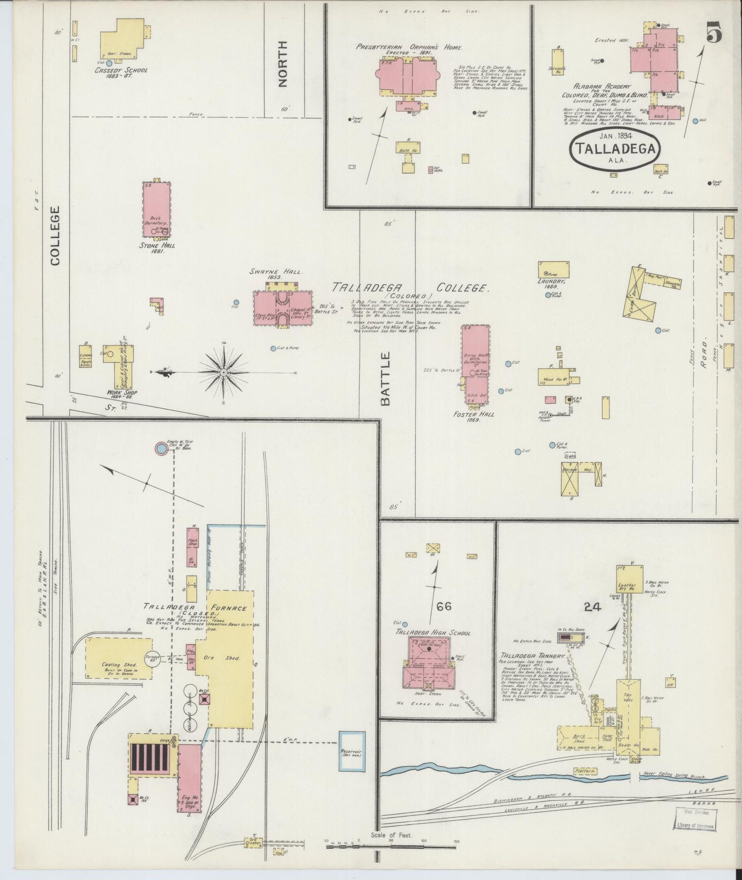 Sanborn Fire Insurance Map from Talladega, Talladega County, Alabama (1894), Sheet #0005 - Complete Map Set gallery image, historic Sanborn map, vintage wall art, Alabama Alabama