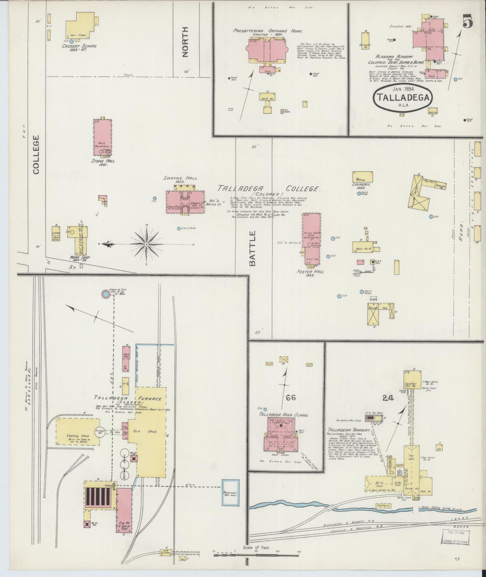 Sanborn Fire Insurance Map from Talladega, Talladega County, Alabama (1894), Sheet #0005 - Complete Map Set gallery image, historic Sanborn map, vintage wall art, Alabama Alabama