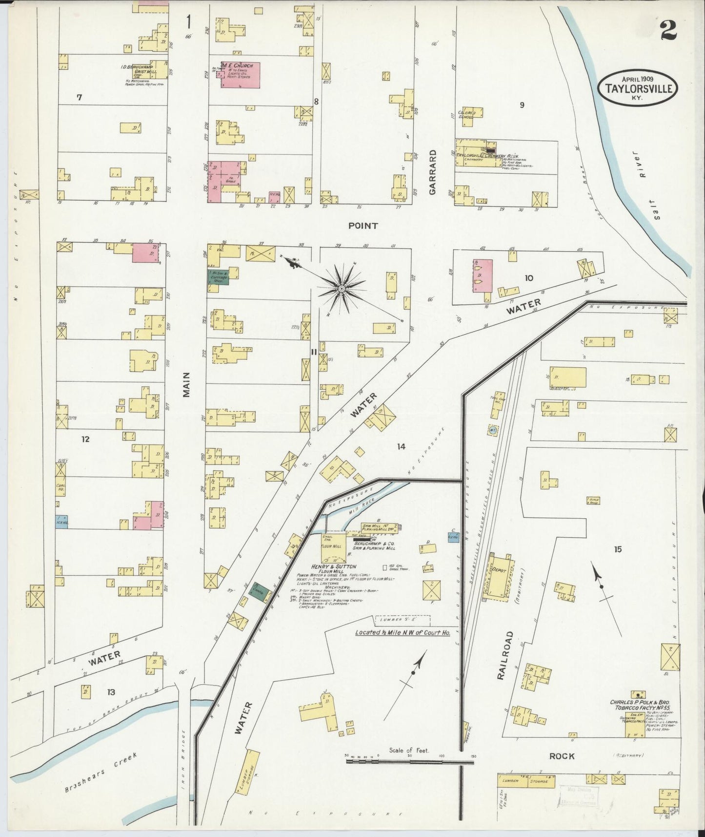 Sanborn Fire Insurance Map from Taylorsville, Spencer County, Kentucky (1909), Sheet #0002 - Historic Sanborn Fire Insurance Map Print, vintage old map wall art, antique decor, genealogy gift, Kentucky Kentucky map