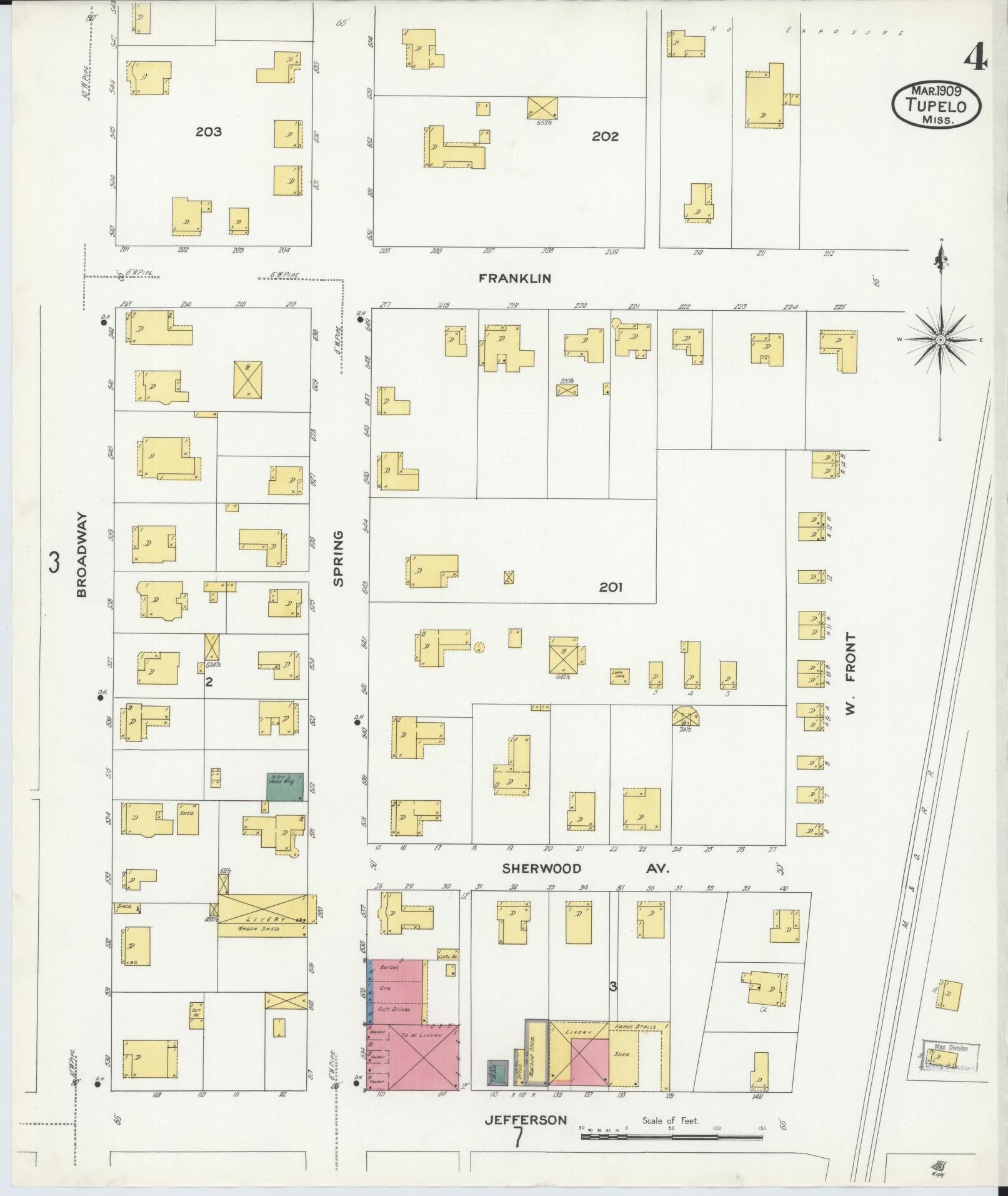 Sanborn Fire Insurance Map from Tupelo, Lee County, Mississippi (1909), Sheet #0004 - Complete Map Set gallery image, historic Sanborn map, vintage wall art, Mississippi Mississippi