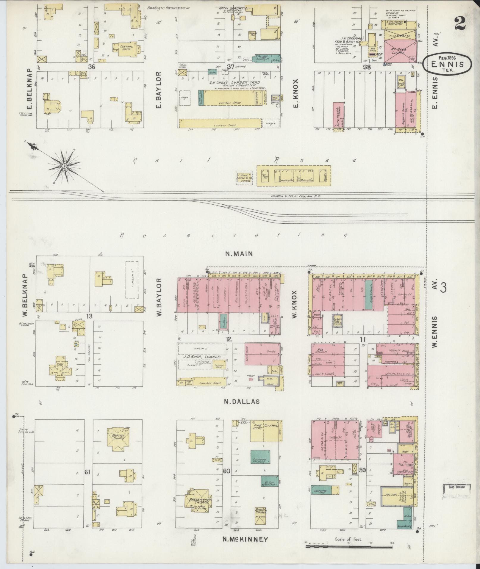 Sanborn Fire Insurance Map from Ennis, Ellis County, Texas (1896), Sheet #0002 - Historic Sanborn Fire Insurance Map Print, vintage old map wall art, antique decor, genealogy gift, Texas Texas map