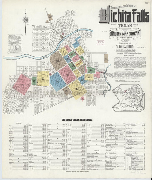 Sanborn Fire Insurance Map from Wichita Falls, Wichita County, Texas (1915), Sheet #0001 - Historic Sanborn Fire Insurance Map Print, vintage old map wall art, antique decor, genealogy gift, Texas Texas map