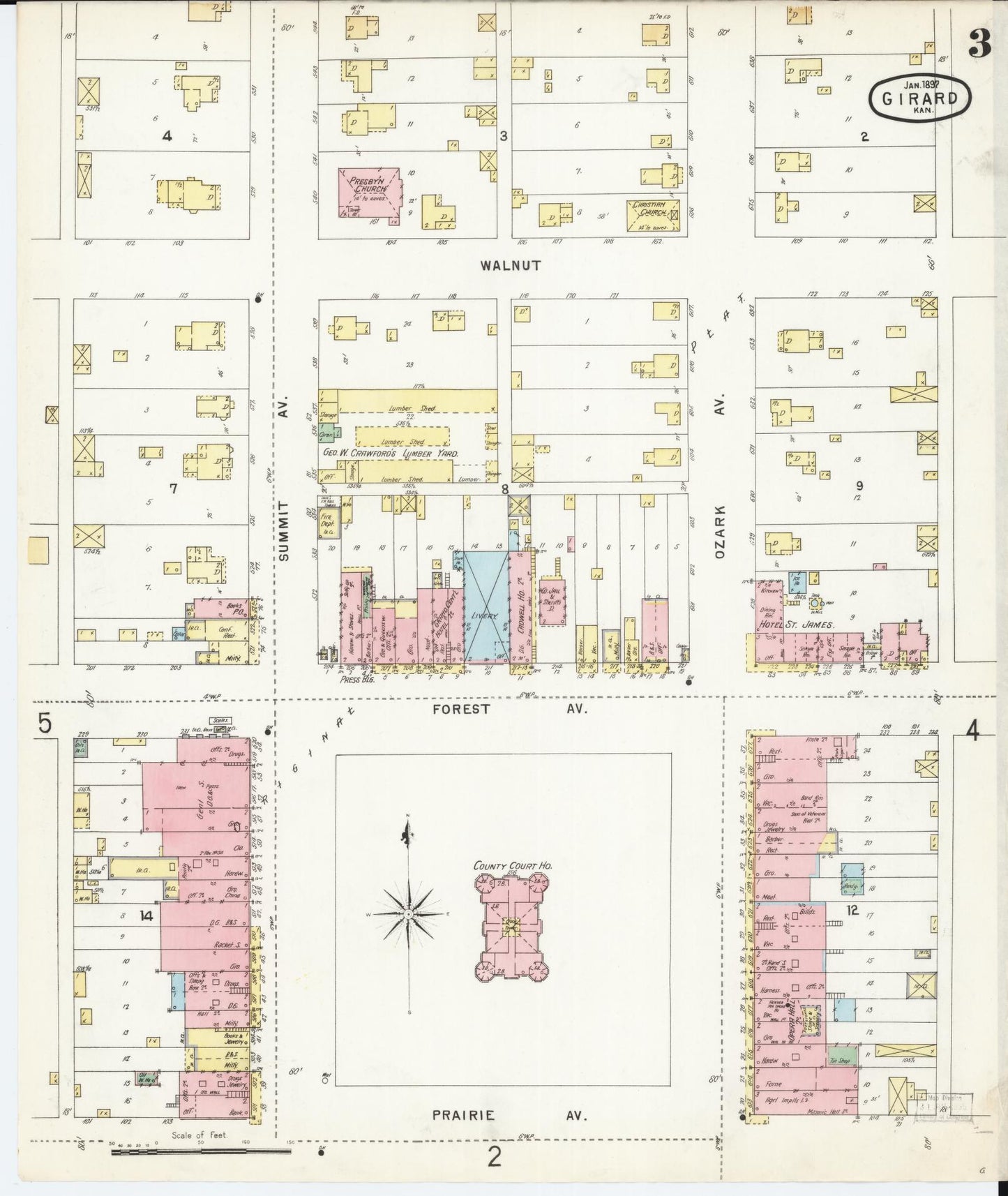 Sanborn Fire Insurance Map from Girard, Crawford County, Kansas (1897), Sheet #0003 - Complete Map Set gallery image, historic Sanborn map, vintage wall art, Kansas Kansas