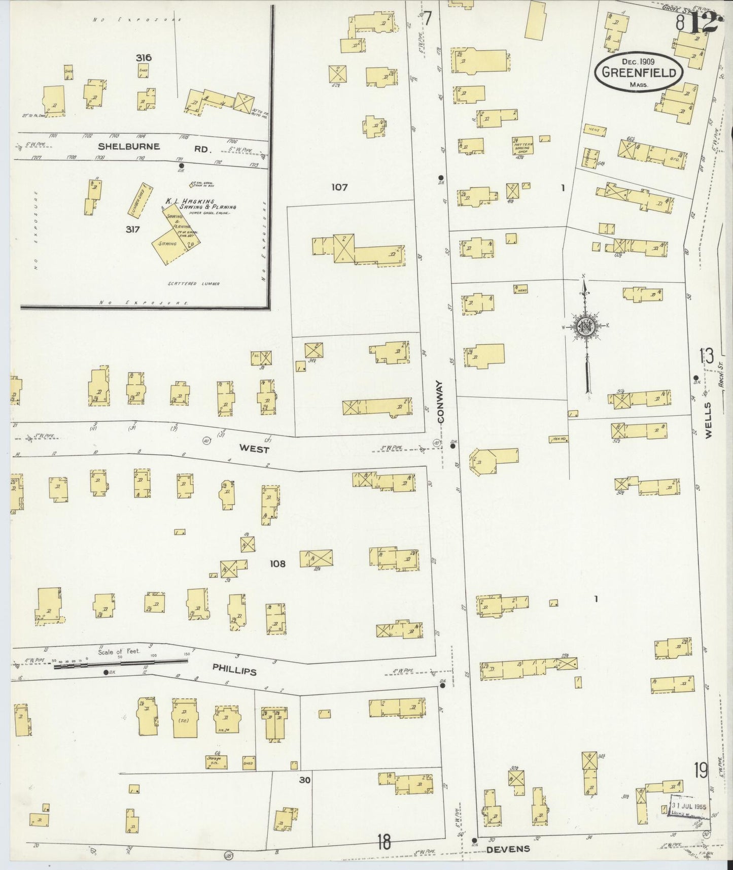 Sanborn Fire Insurance Map from Greenfield, Franklin County, Massachusetts (1909), Sheet #0012 - Complete Map Set gallery image, historic Sanborn map, vintage wall art, Massachusetts Massachusetts