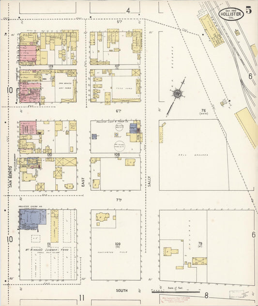 Sanborn Fire Insurance Map from Hollister, San Benito County, California (1910), Sheet #0005 - Historic Sanborn Fire Insurance Map Print, vintage old map wall art, antique decor, genealogy gift, California California map