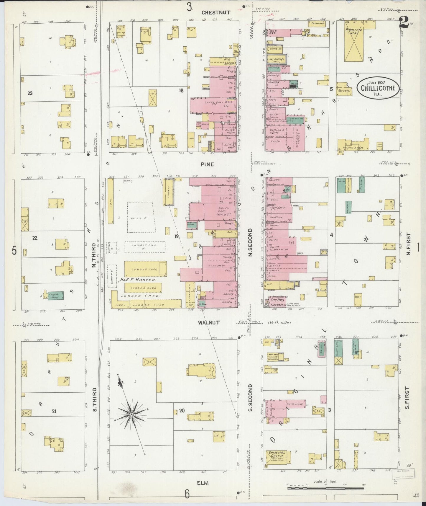 Sanborn Fire Insurance Map from Chillicothe, Peoria County, Illinois (1907), Sheet #0002 - Complete Map Set gallery image, historic Sanborn map, vintage wall art, Illinois Illinois
