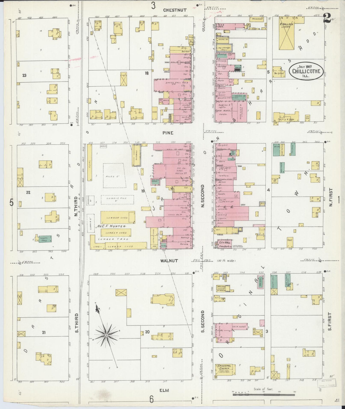 Sanborn Fire Insurance Map from Chillicothe, Peoria County, Illinois (1907), Sheet #0002 - Complete Map Set gallery image, historic Sanborn map, vintage wall art, Illinois Illinois