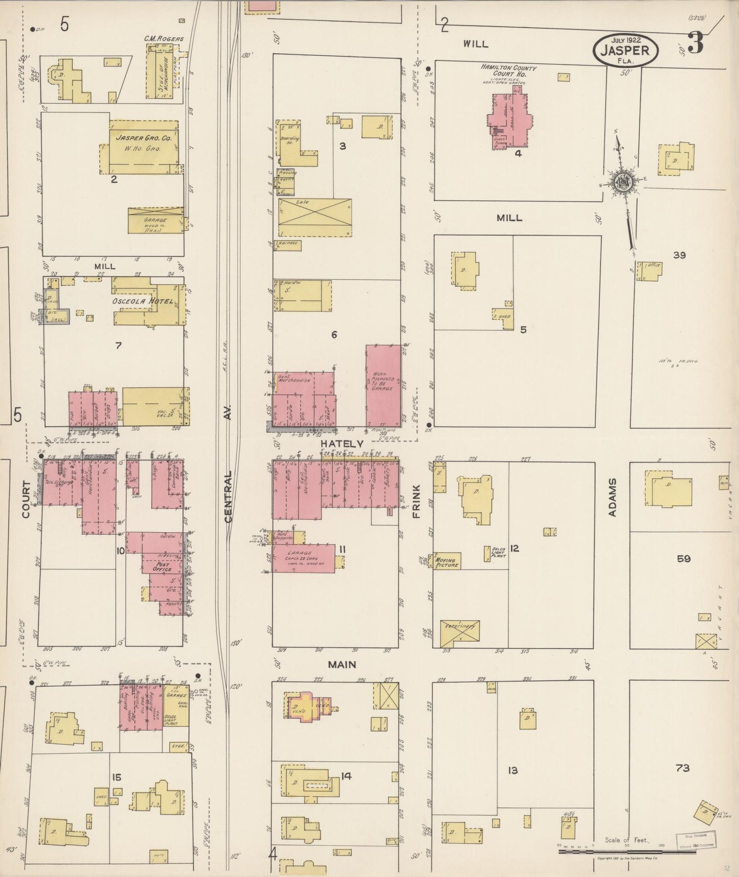 Sanborn Fire Insurance Map from Jasper, Hamilton County, Florida (1922), Sheet #0003 - Historic Sanborn Fire Insurance Map Print, vintage old map wall art, antique decor, genealogy gift, Florida Florida map
