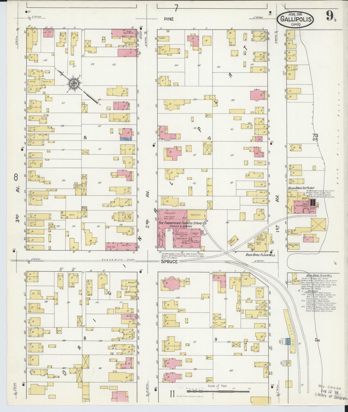 Sanborn Fire Insurance Map from Gallipolis, Gallia County, Ohio (1916), Sheet #0009 - Historic Sanborn Fire Insurance Map Print, vintage old map wall art, antique decor, genealogy gift, Ohio Ohio map