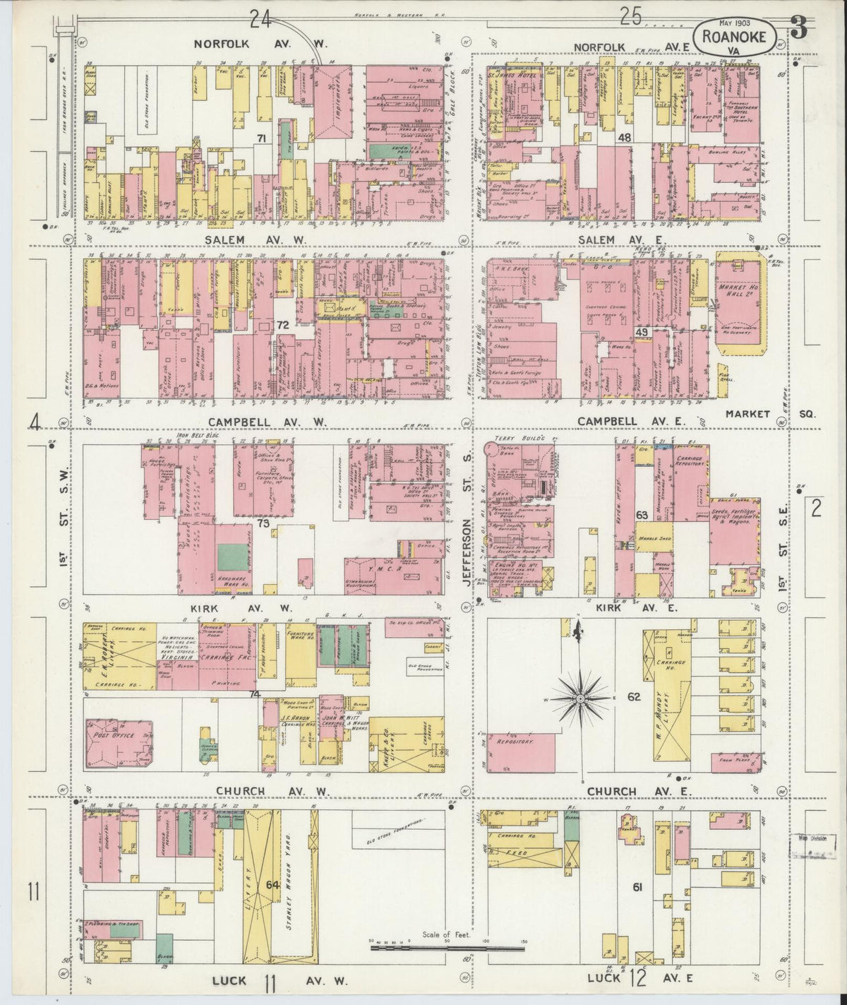 Sanborn Fire Insurance Map from Roanoke, Independent Cities, Virginia (1903), Sheet #0003 - Complete Map Set gallery image, historic Sanborn map, vintage wall art, Virginia Virginia