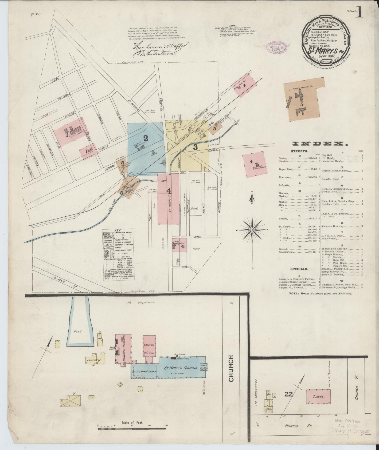 Sanborn Fire Insurance Map from Saint Marys, Elk County, Pennsylvania (1887), Sheet #0001 - Complete Map Set gallery image, historic Sanborn map, vintage wall art, Pennsylvania Pennsylvania