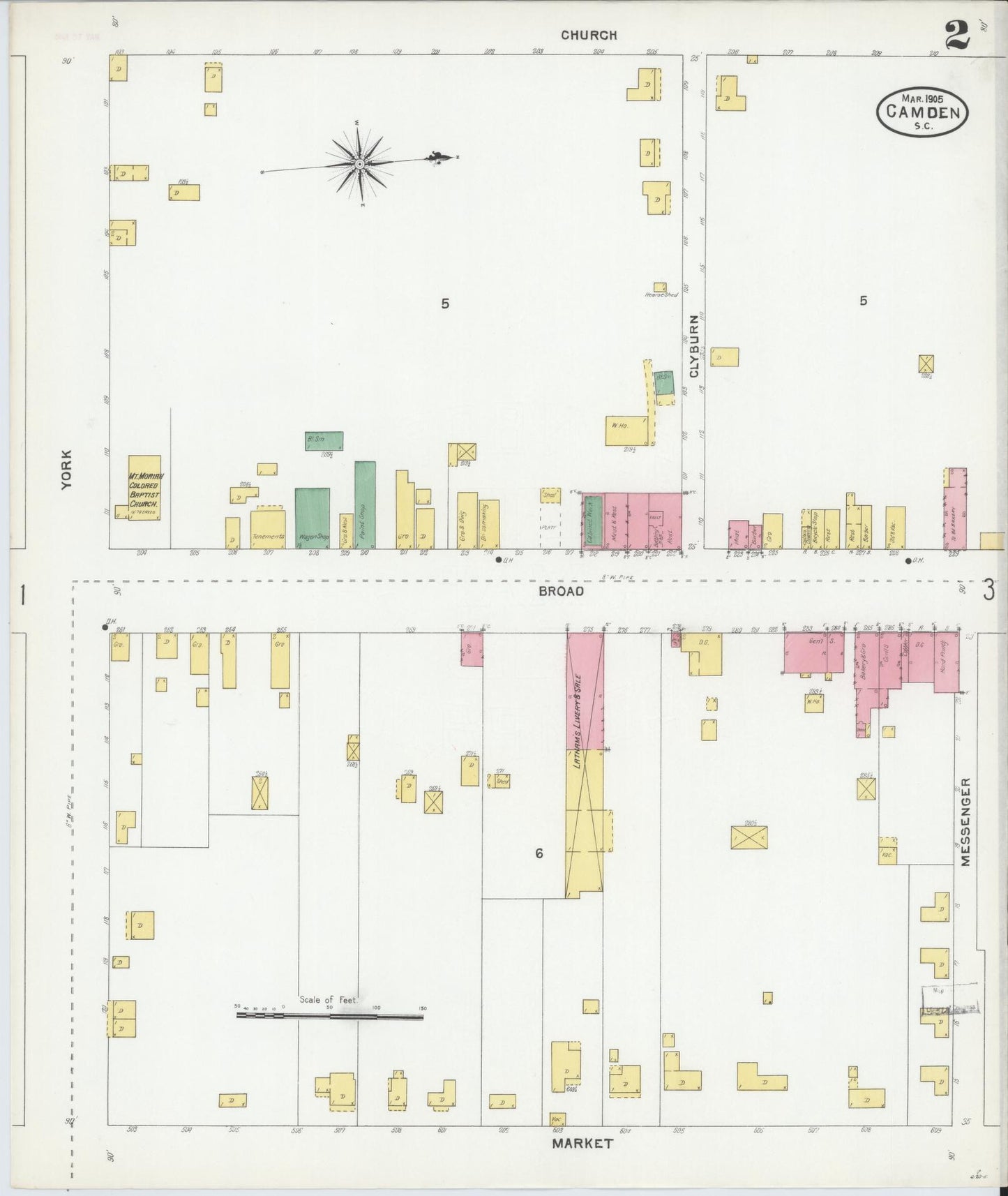 Sanborn Fire Insurance Map from Camden, Kershaw County, South Carolina (1905), Sheet #0002 - Complete Map Set gallery image, historic Sanborn map, vintage wall art, South Carolina South Carolina