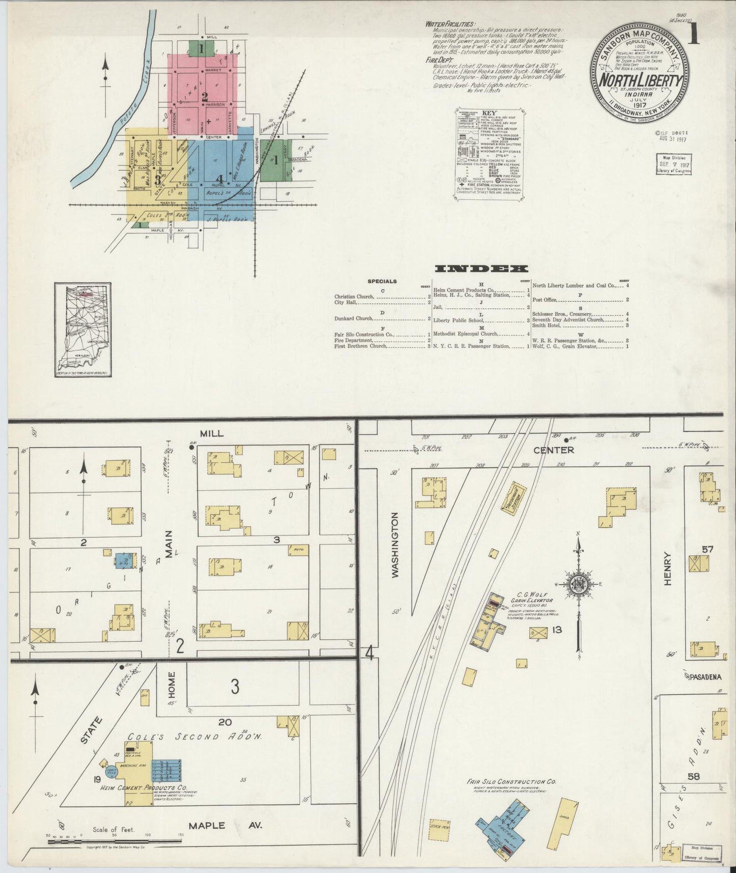 Sanborn Fire Insurance Map from North Liberty, Saint Joseph County, Indiana (1917), Sheet #0001 - Historic Sanborn Fire Insurance Map Print, vintage old map wall art, antique decor, genealogy gift, Indiana Indiana map