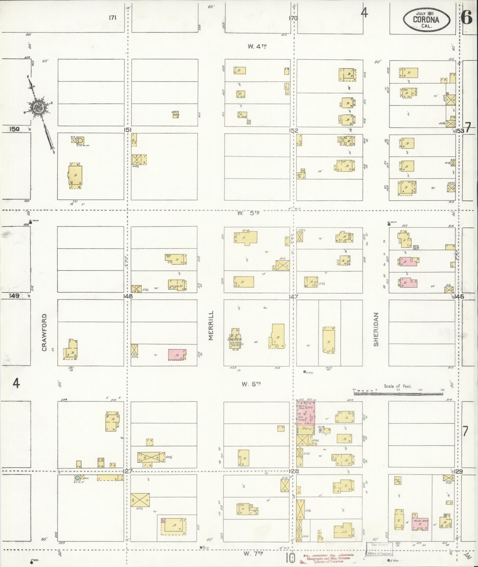 Sanborn Fire Insurance Map from Corona, Riverside County, California (1911), Sheet #0006 - Complete Map Set gallery image, historic Sanborn map, vintage wall art, California California