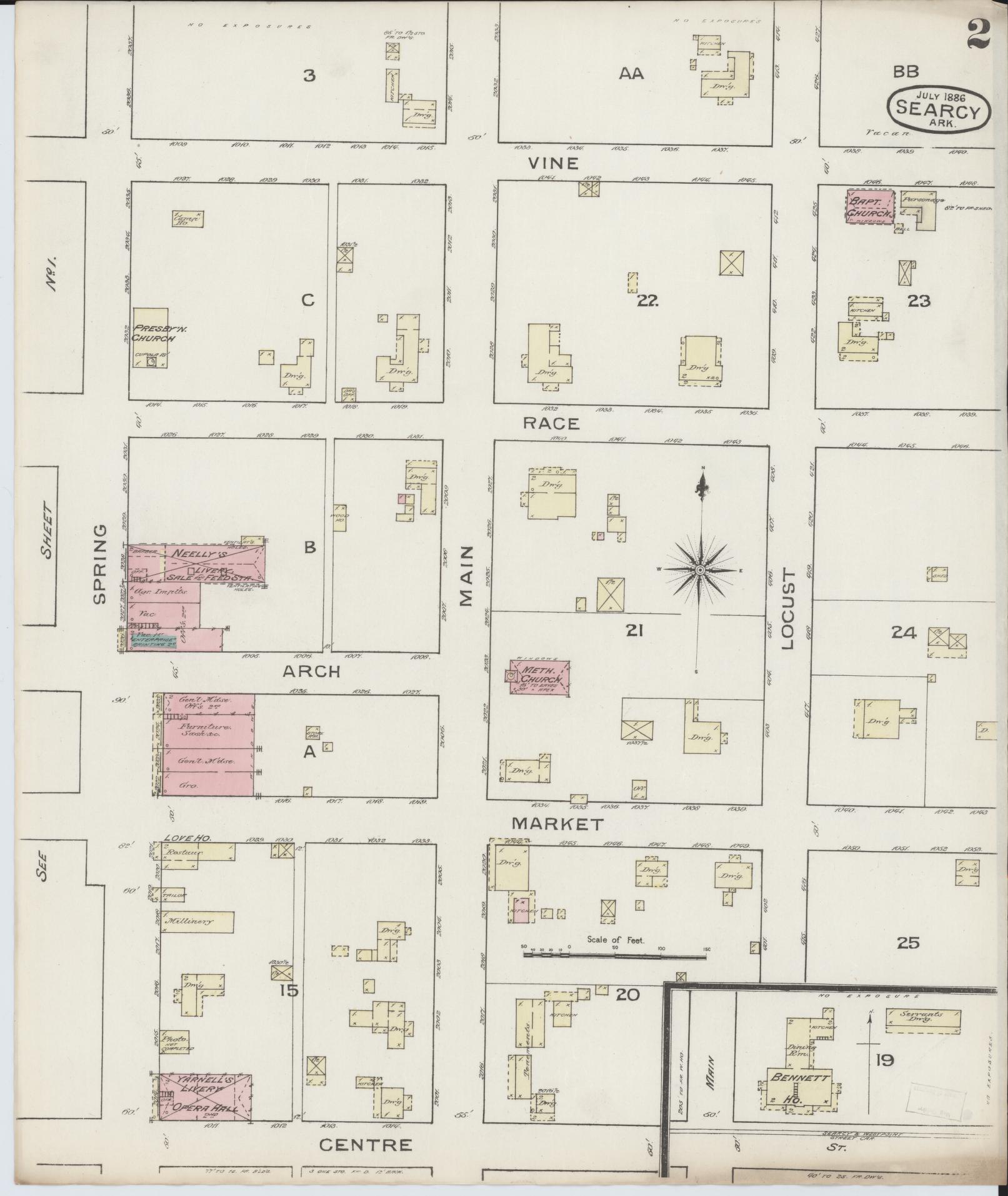 Sanborn Fire Insurance Map from Searcy, White County, Arkansas (1886), Sheet #0002 - Complete Map Set gallery image, historic Sanborn map, vintage wall art, Arkansas Arkansas