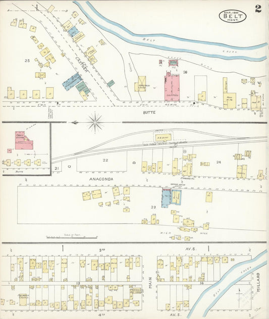 Sanborn Fire Insurance Map from Belt, Cascade County, Montana (1900), Sheet #0002 - Historic Sanborn Fire Insurance Map Print, vintage old map wall art, antique decor, genealogy gift, Montana Montana map