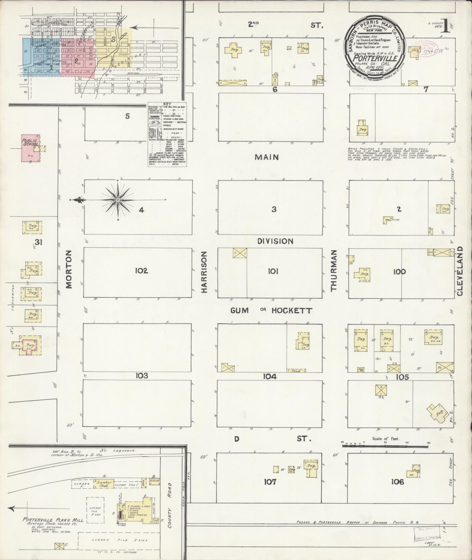 Sanborn Fire Insurance Map from Porterville, Tulare County, California (1891), Sheet #0001 - Complete Map Set gallery image, historic Sanborn map, vintage wall art, California California
