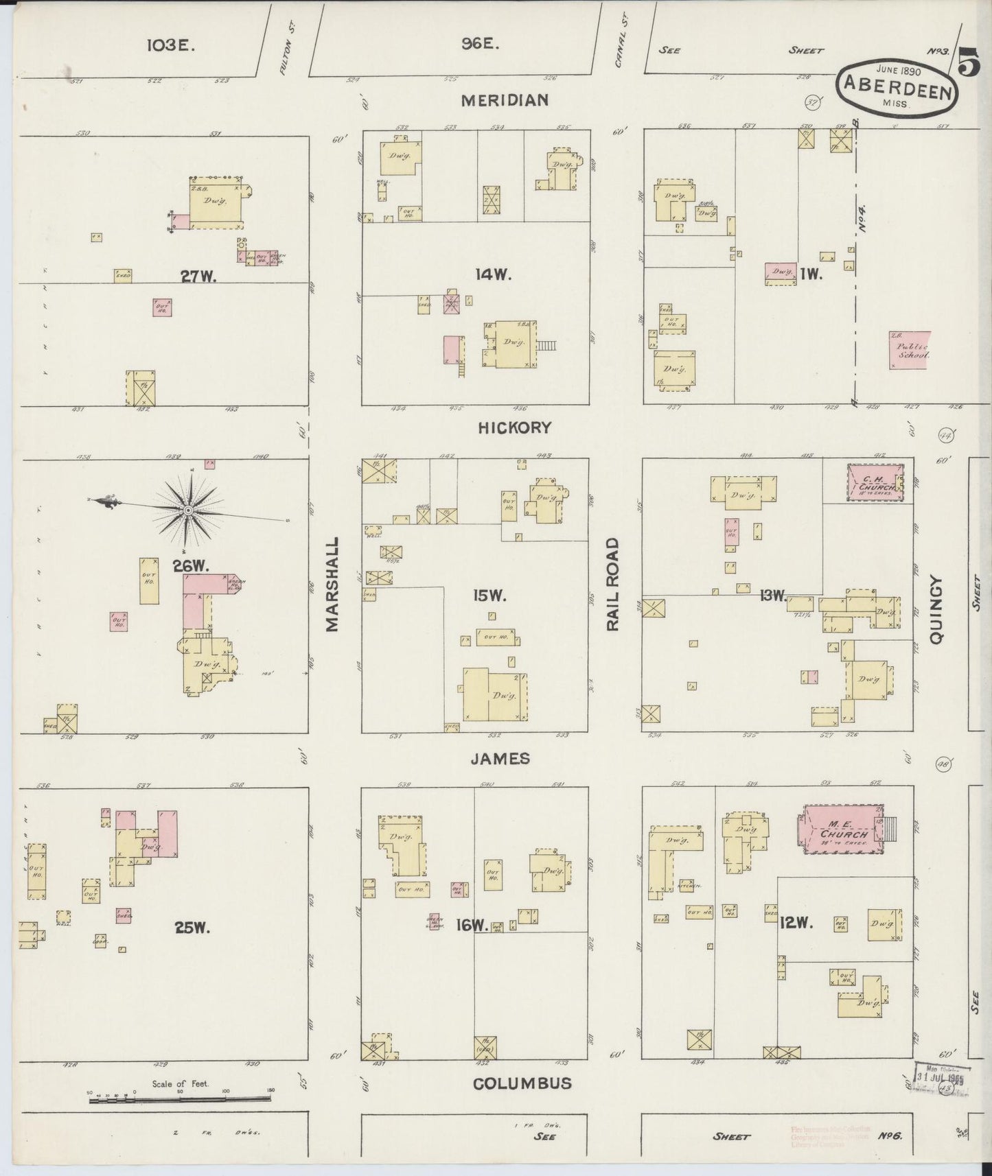 Sanborn Fire Insurance Map from Aberdeen, Monroe County, Mississippi (1890), Sheet #0005 - Historic Sanborn Fire Insurance Map Print, vintage old map wall art, antique decor, genealogy gift, Mississippi Mississippi map