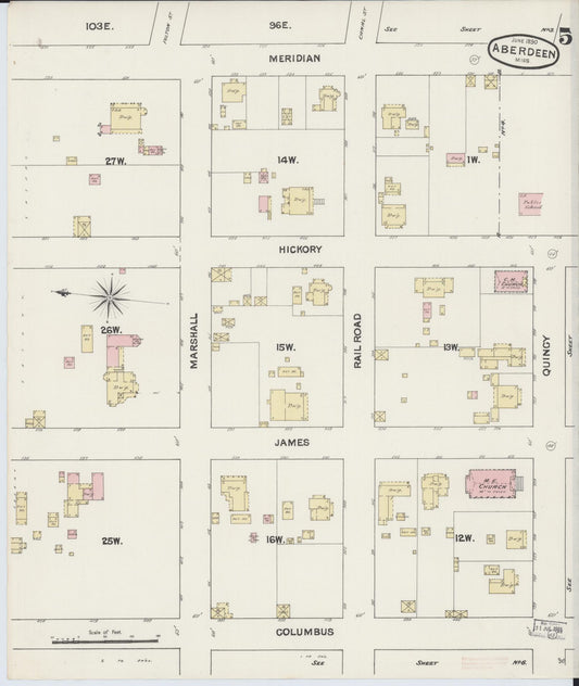 Sanborn Fire Insurance Map from Aberdeen, Monroe County, Mississippi (1890), Sheet #0005 - Historic Sanborn Fire Insurance Map Print, vintage old map wall art, antique decor, genealogy gift, Mississippi Mississippi map