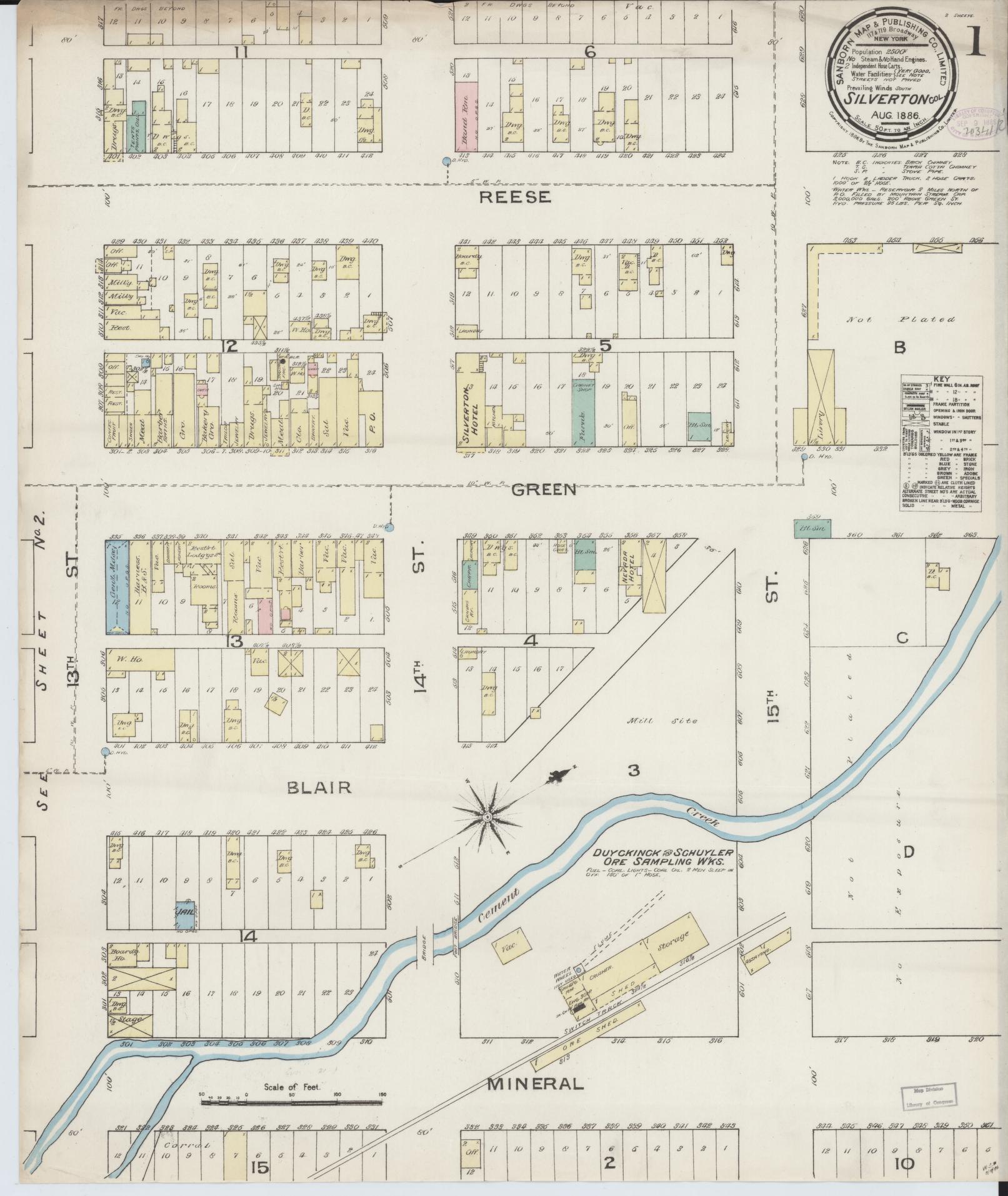 Sanborn Fire Insurance Map from Silverton, San Juan County, Colorado (1886), Sheet #0001 - Historic Sanborn Fire Insurance Map Print, vintage old map wall art, antique decor, genealogy gift, Colorado Colorado map