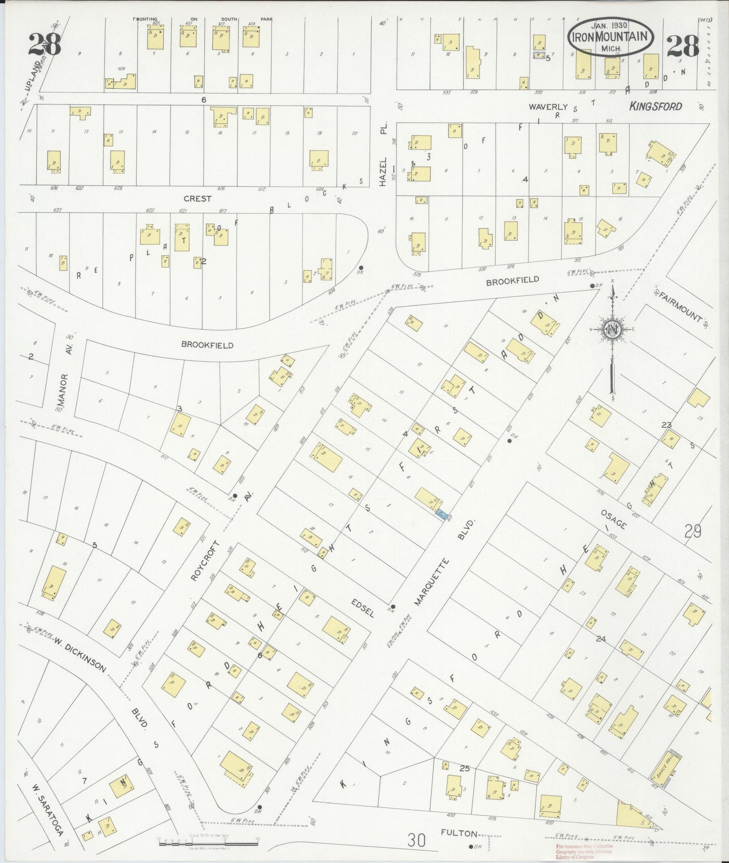 Sanborn Fire Insurance Map from Iron Mountain, Dickinson County, Michigan (1930), Sheet #0028 - Complete Map Set gallery image, historic Sanborn map, vintage wall art, Michigan Michigan