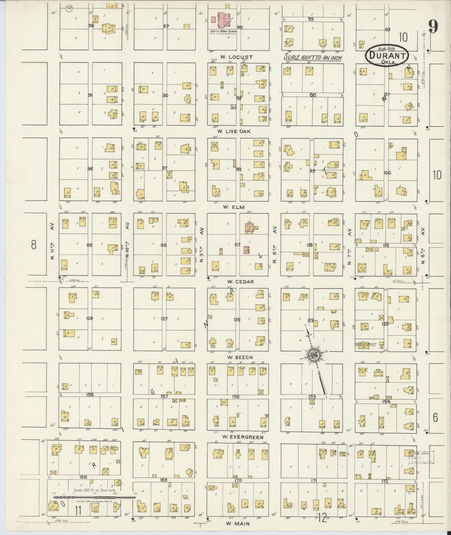 Sanborn Fire Insurance Map from Durant, Bryan County, Oklahoma (1918), Sheet #0009 - Complete Map Set gallery image, historic Sanborn map, vintage wall art, Oklahoma Oklahoma