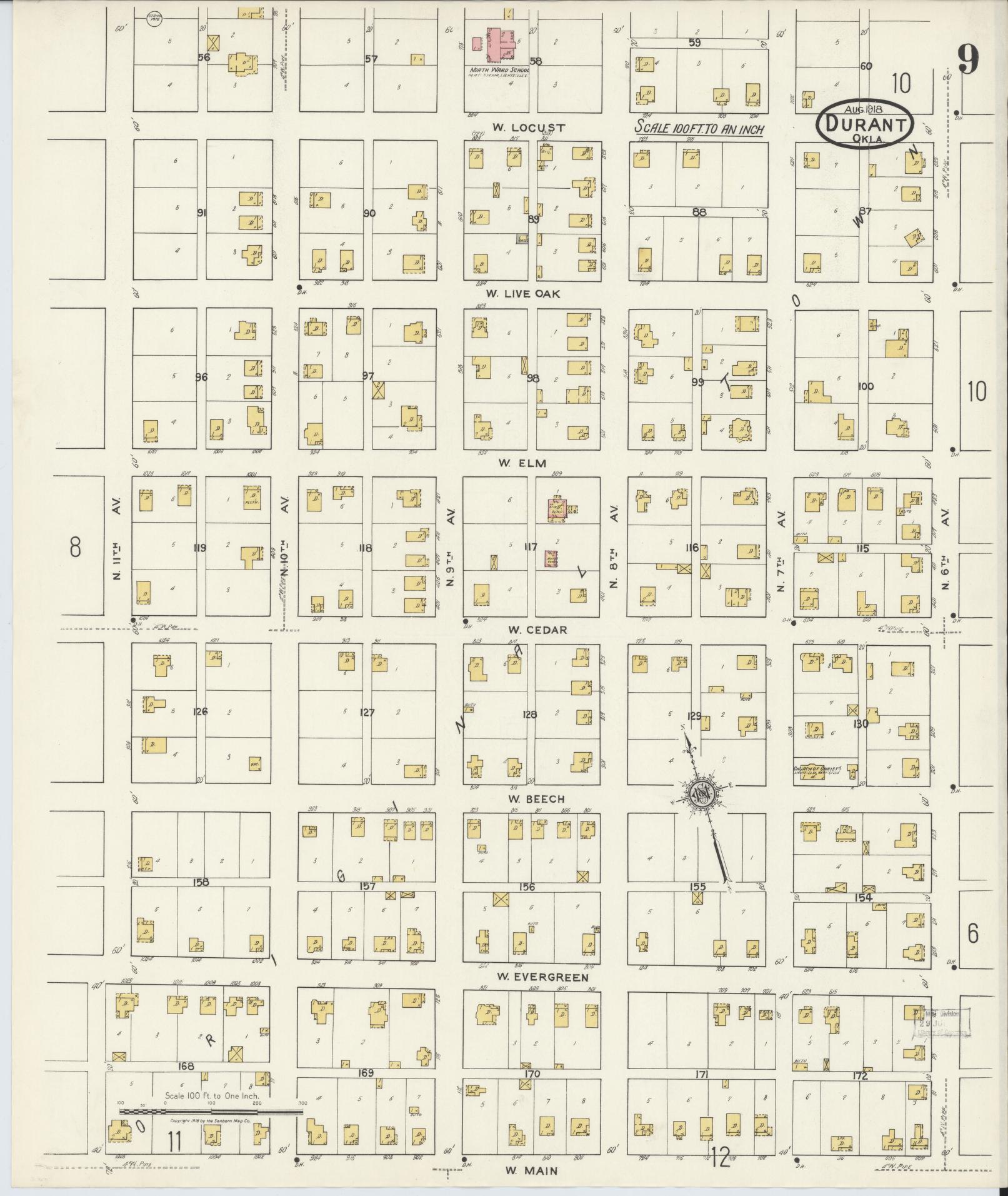 Sanborn Fire Insurance Map from Durant, Bryan County, Oklahoma (1918), Sheet #0009 - Complete Map Set gallery image, historic Sanborn map, vintage wall art, Oklahoma Oklahoma