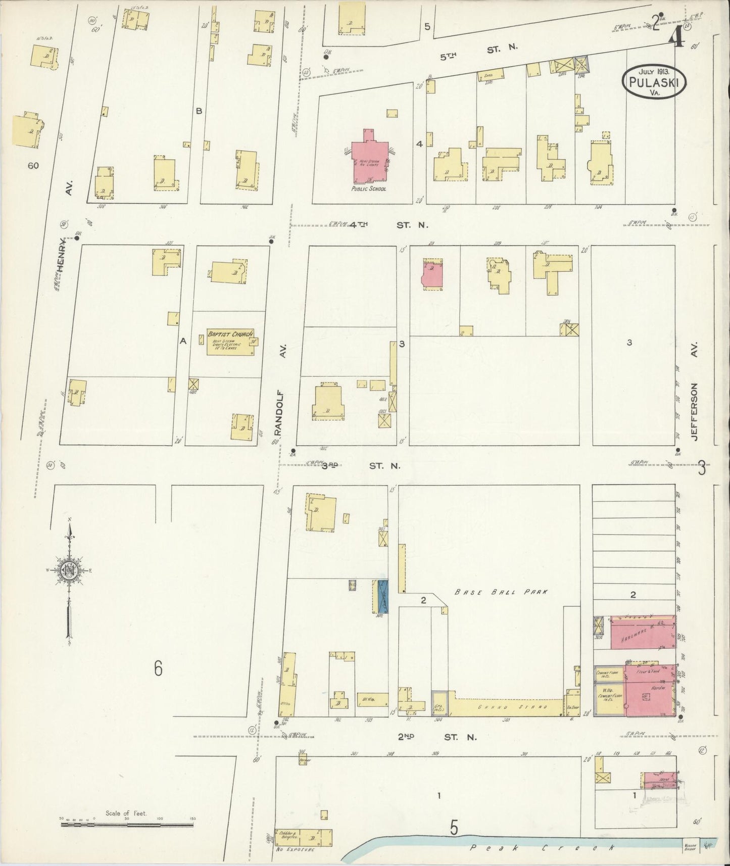 Sanborn Fire Insurance Map from Pulaski, Pulaski County, Virginia (1913), Sheet #0004 - Complete Map Set gallery image, historic Sanborn map, vintage wall art, Virginia Virginia