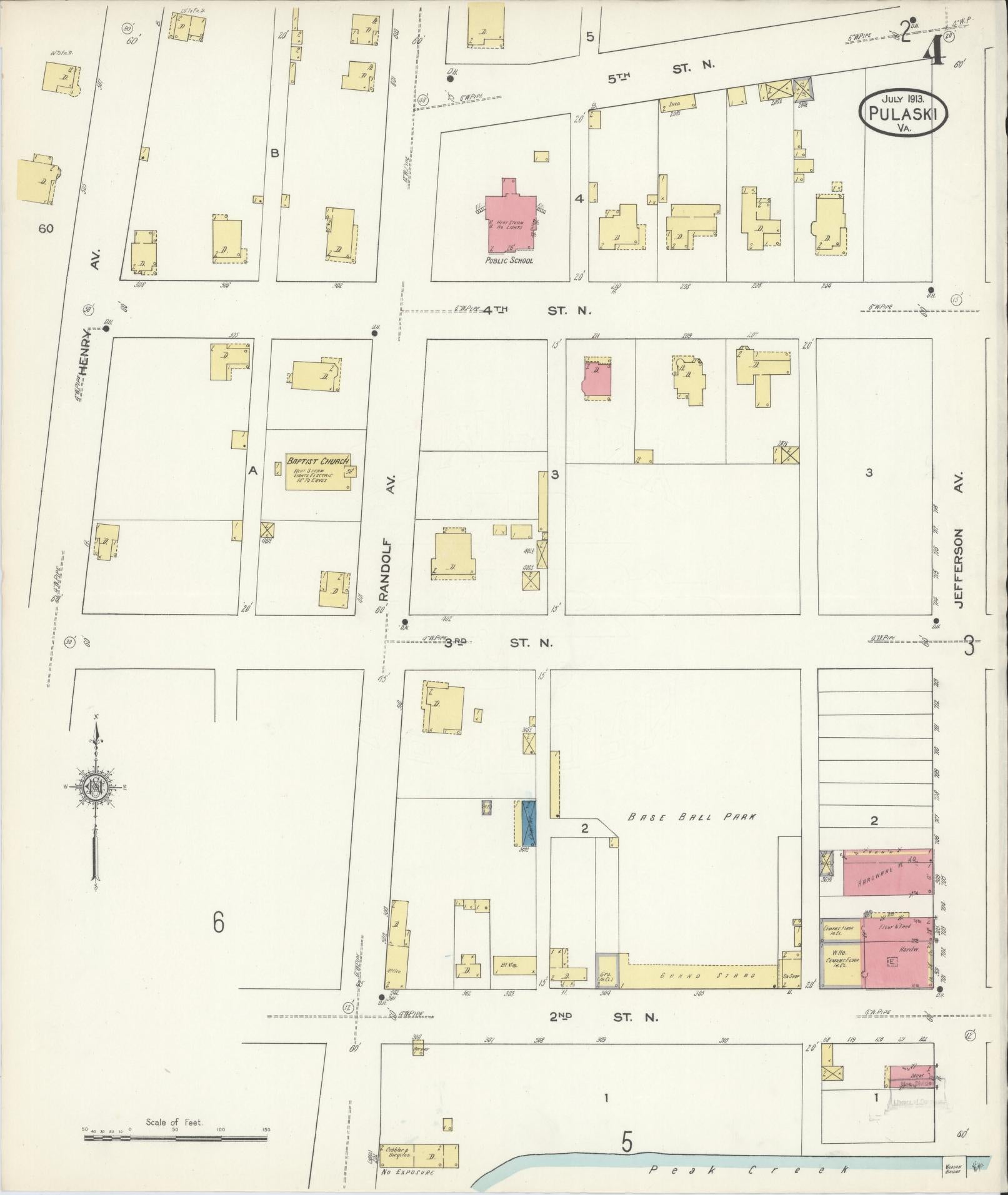 Sanborn Fire Insurance Map from Pulaski, Pulaski County, Virginia (1913), Sheet #0004 - Complete Map Set gallery image, historic Sanborn map, vintage wall art, Virginia Virginia