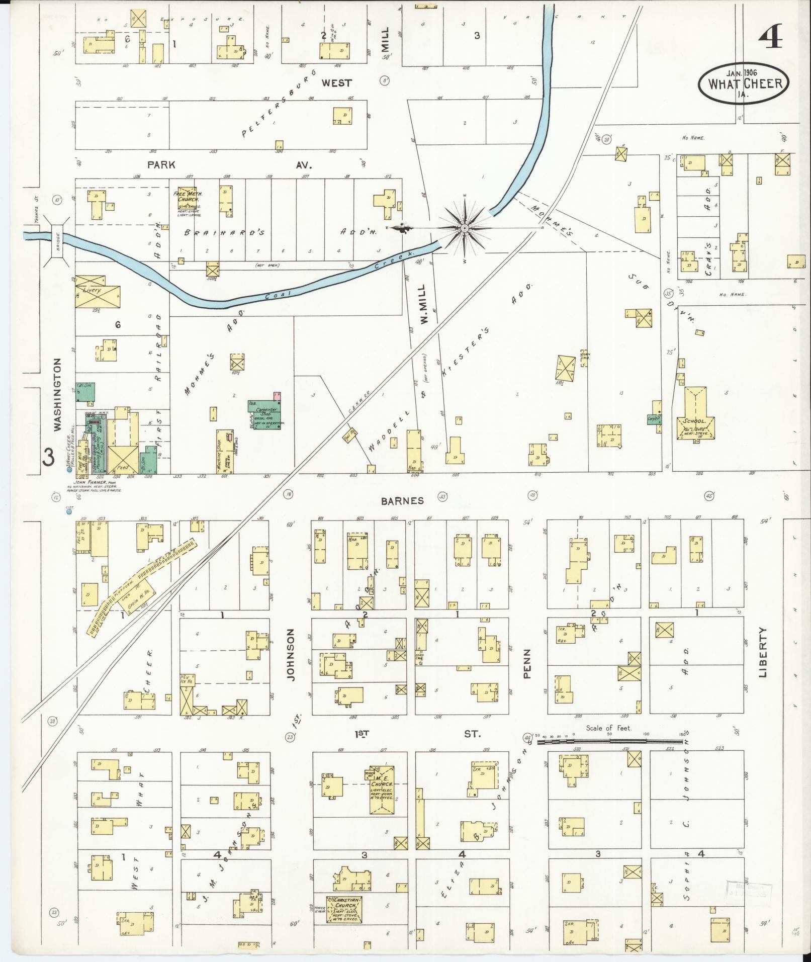 Sanborn Fire Insurance Map from What Cheer, Keokuk County, Iowa (1906), Sheet #0004 - Historic Sanborn Fire Insurance Map Print, vintage old map wall art