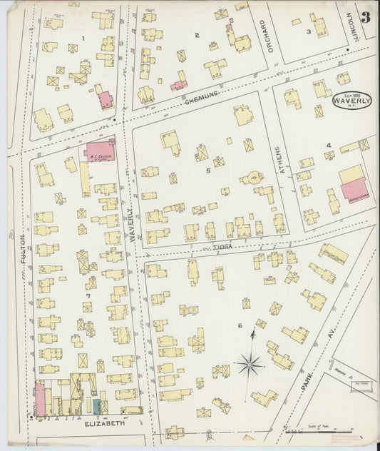 Sanborn Fire Insurance Map from Waverly, Tioga County, New York (1893), Sheet #0003 - Historic Sanborn Fire Insurance Map Print, vintage old map wall art, antique decor, genealogy gift, New York New York map