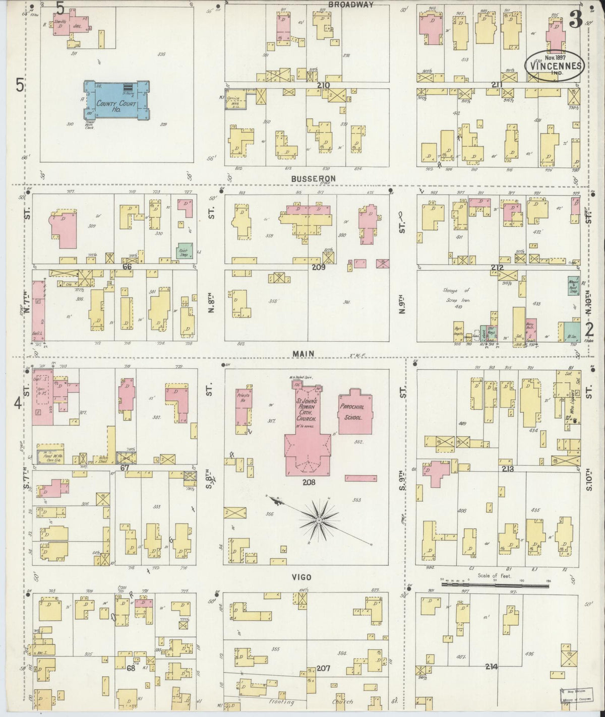 Sanborn Fire Insurance Map from Vincennes, Knox County, Indiana (1897), Sheet #0003 - Historic Sanborn Fire Insurance Map Print, vintage old map wall art, antique decor, genealogy gift, Indiana Indiana map