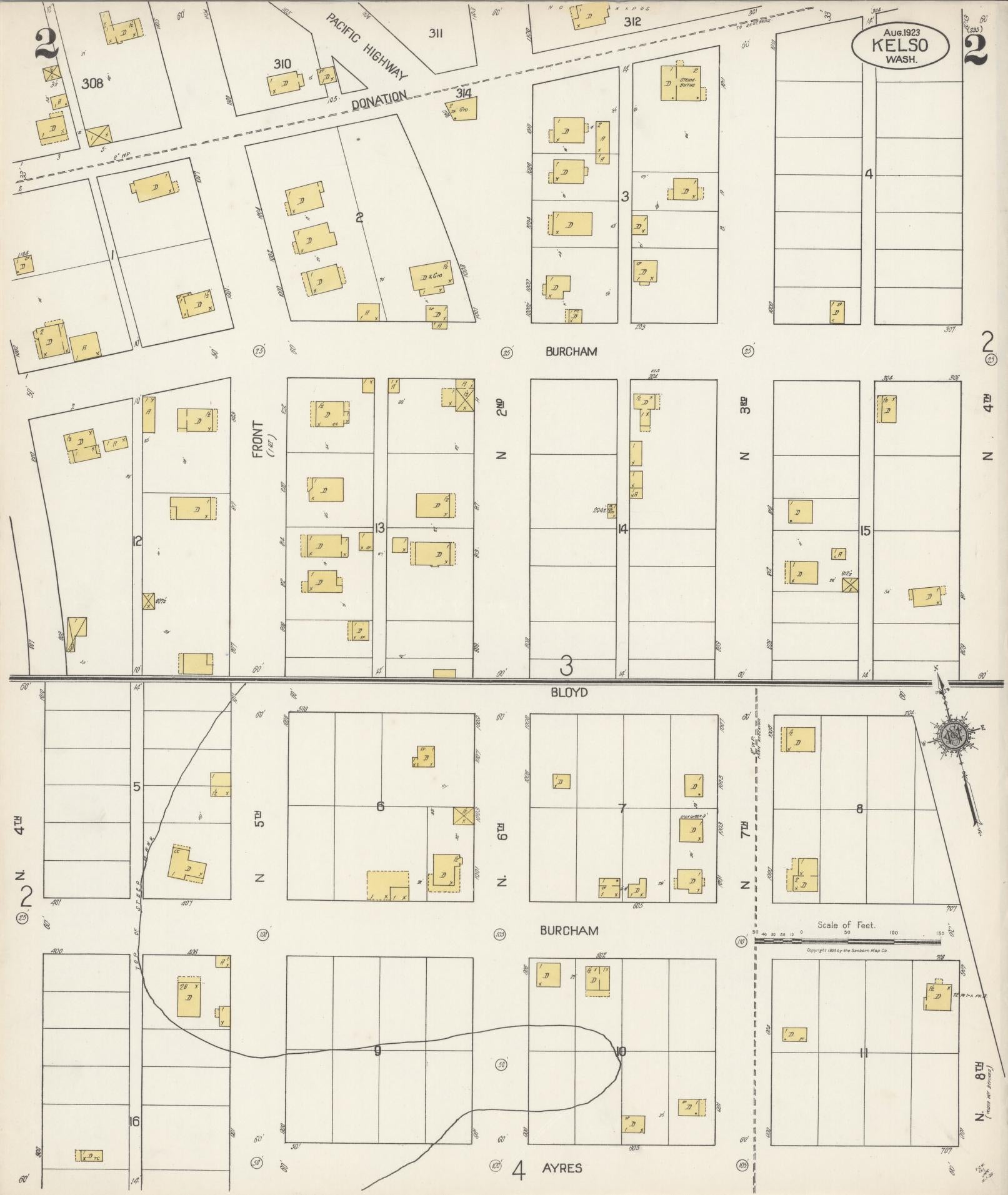 Sanborn Fire Insurance Map from Kelso, Cowlitz County, Washington (1923), Sheet #0002 - Complete Map Set gallery image, historic Sanborn map, vintage wall art, Washington Washington