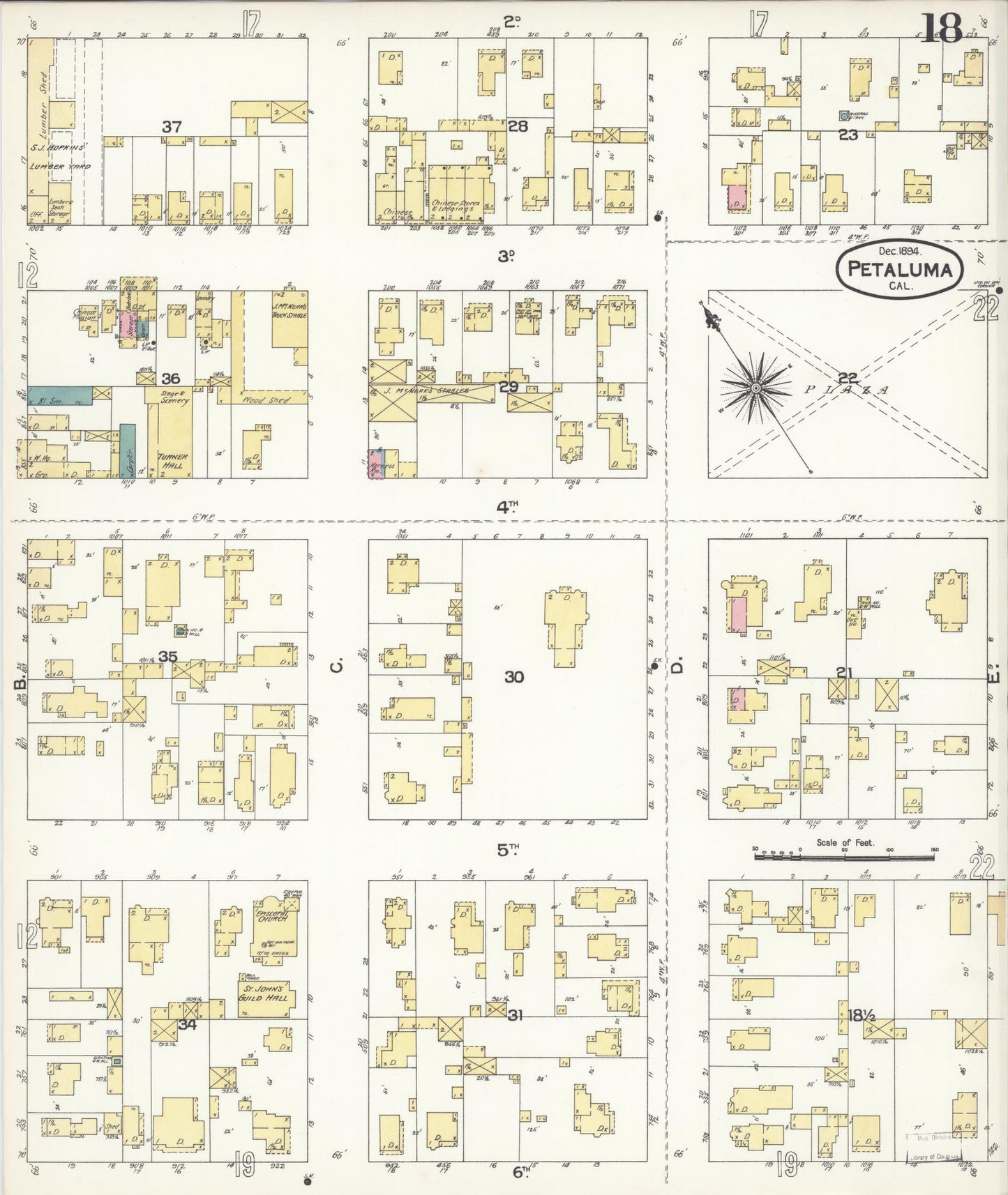 Sanborn Fire Insurance Map from Petaluma, Sonoma County, California (1894), Sheet #0018 - Complete Map Set gallery image, historic Sanborn map, vintage wall art, California California