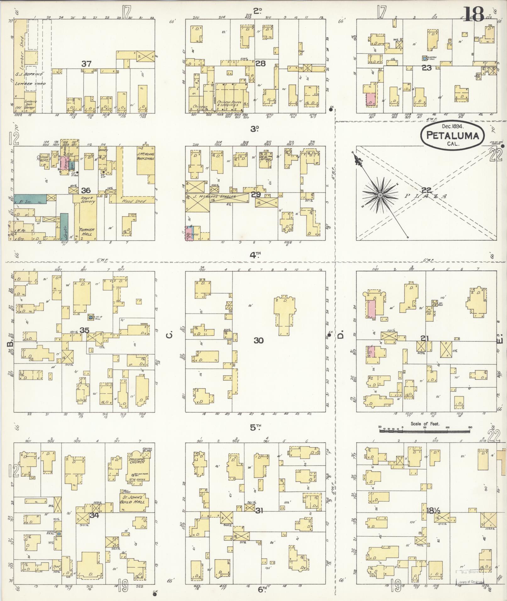 Sanborn Fire Insurance Map from Petaluma, Sonoma County, California (1894), Sheet #0018 - Complete Map Set gallery image, historic Sanborn map, vintage wall art, California California